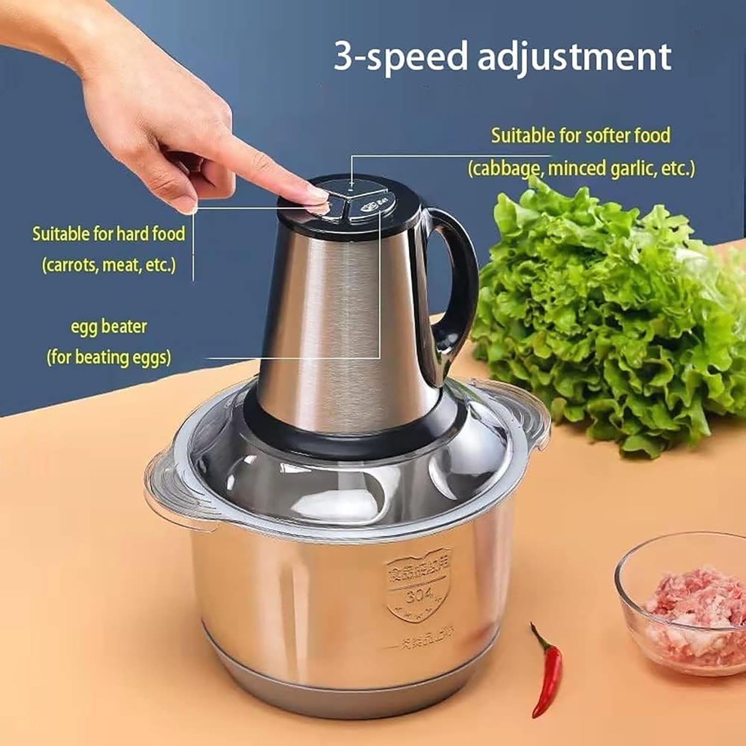 Electric Chopper 2L Stainless Steel | Heavy Duty Meat Grinder, Vegetable Chopper & Food Processor - Image 4